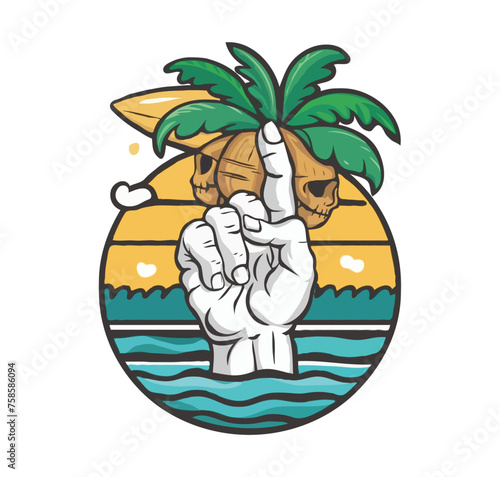 Vibrant  eye-catching t-shirt design for summer. creative hand and cheerful smile skull  holding a surfboard and coconut tree