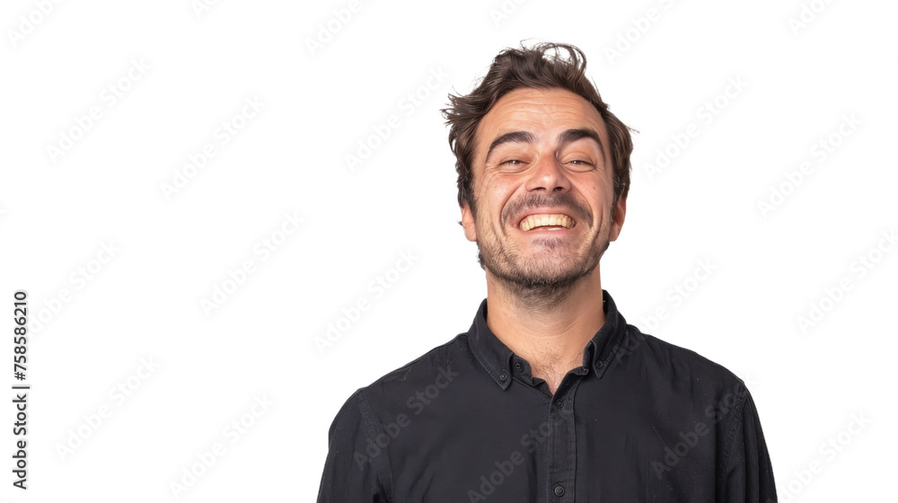 Highly amused man with stubble laughing openly, studio shot isolated on white Highly amused man with stubble laughing openly, studio shot isolated on white