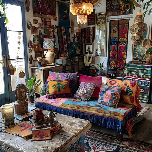 Bohemian Style Living Room with Abundant Decor, Pillows, and Artwork © Tobias