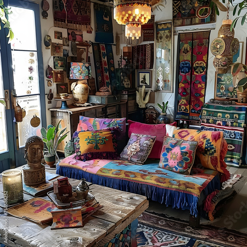 Bohemian Style Living Room with Abundant Decor, Pillows, and Artwork