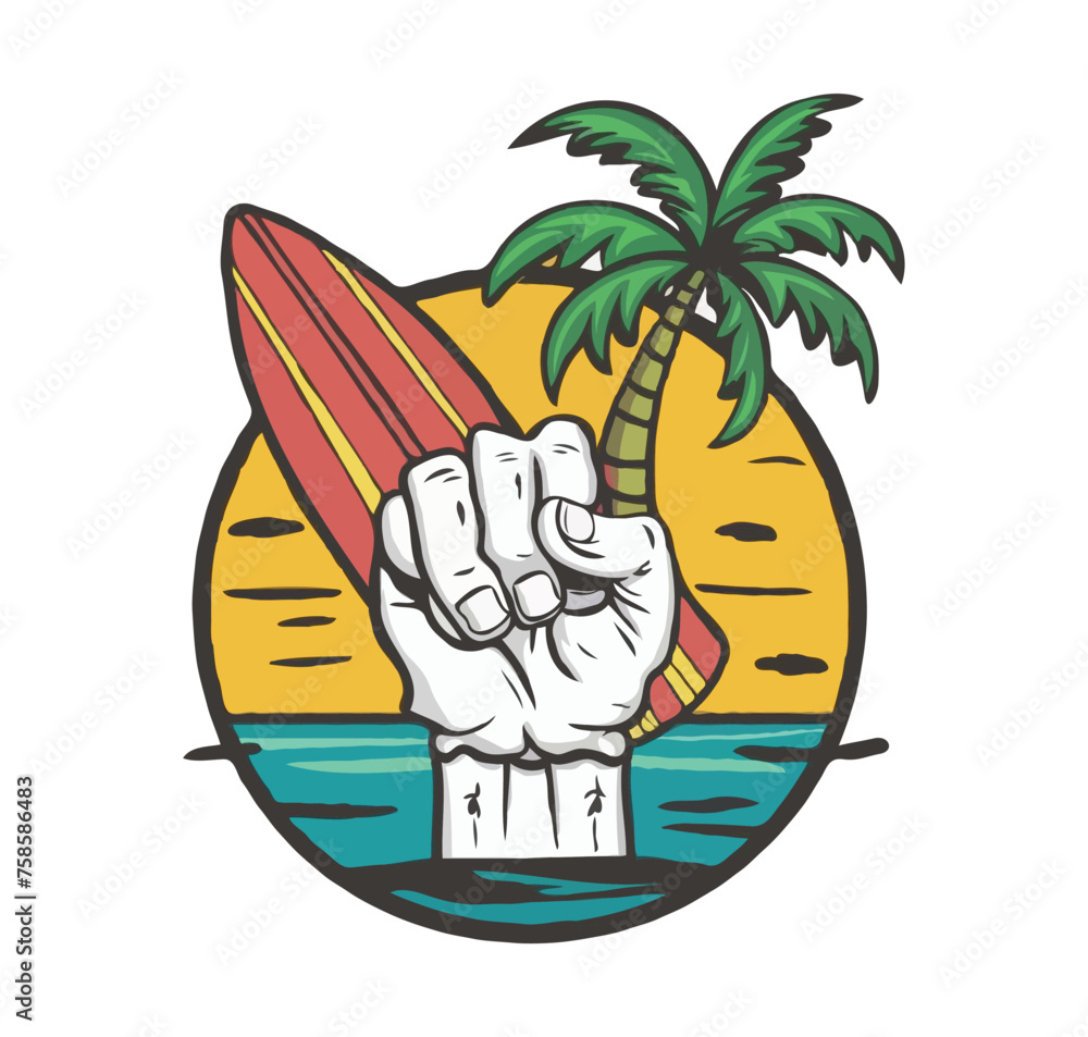 Vibrant, eye-catching t-shirt design for summer. creative hand and cheerful smile skull, holding a surfboard and coconut tree