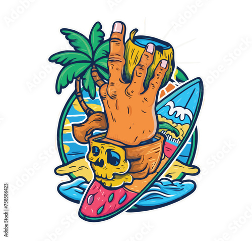 Vibrant  eye-catching t-shirt design for summer. creative hand and cheerful smile skull  holding a surfboard and coconut tree