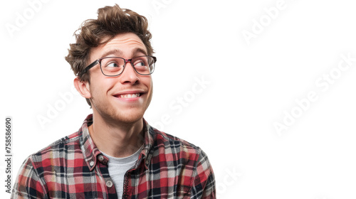 A quirky young man with curly hair and glasses looks up with a quizzical expression on a white background © Daniel