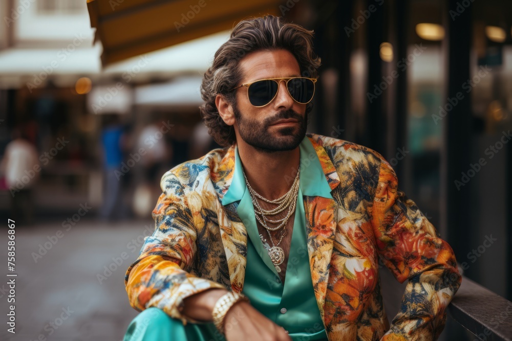Handsome young man in sunglasses and colorful jacket on the street Handsome young man in sunglasses and colorful jacket on the street