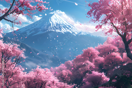 A beautiful Japan anime scenery featuring pink cherry trees and Mount Fuji in the background  perfect as a wallpaper or for promoting travel to Japan.