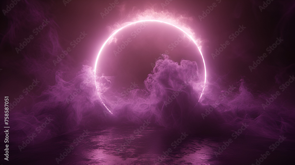  Smoke exploding outward from circular empty center, dramatic smoke or fog effect with purple scary glowing. generative ai