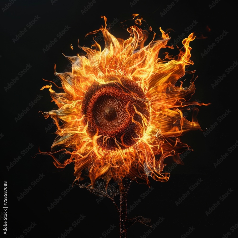 Sunflower Made of Flames and Fire, Isolated on Black. An Illustration made in part with Generative AI.
Sunflower Made of Flames and Fire, Isolated on Black. An Illustration made in part with Generative AI.