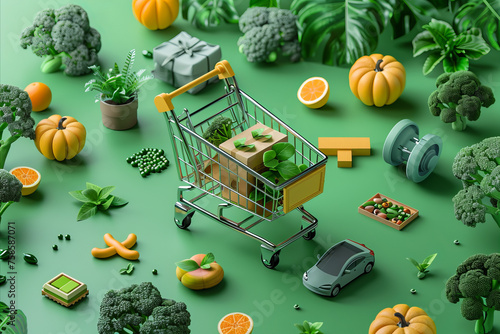 3D shopping cart with green items and healthy food