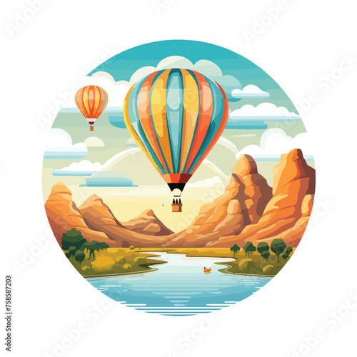 A hot air balloon floating over a vast landscape