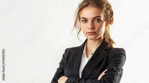 A contemplative young woman in a black suit looks pensively off-camera, suggesting thoughtfulness and focus