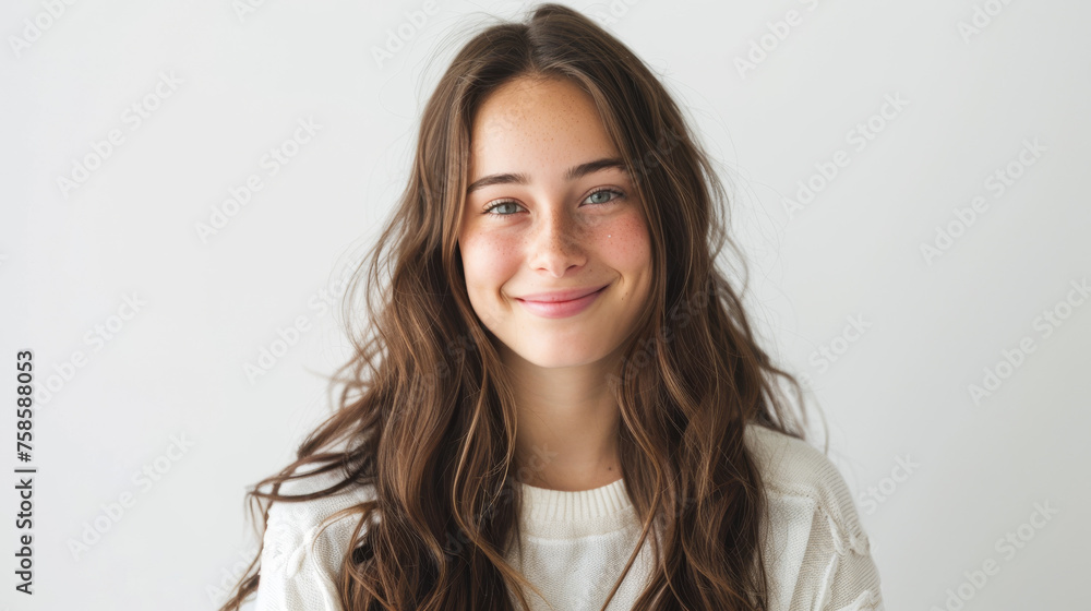 A friendly girl wearing a white sweater giving a warm, inviting smile against a plain background A friendly girl wearing a white sweater giving a warm, inviting smile against a plain background