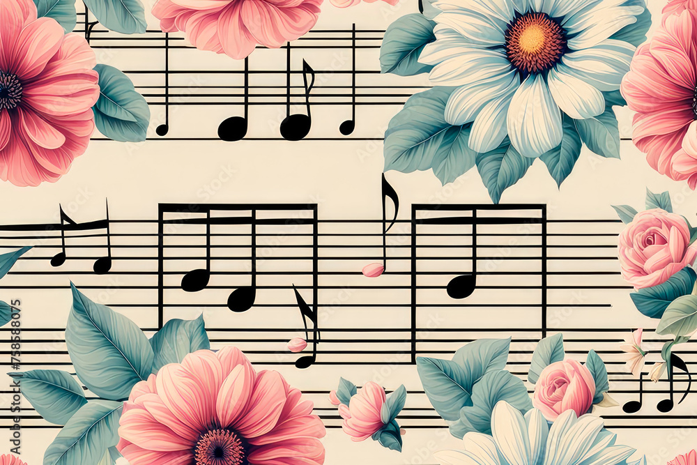 Obraz premium Seamless pattern with collage of musical notes, butterflies and flowers in retro style.