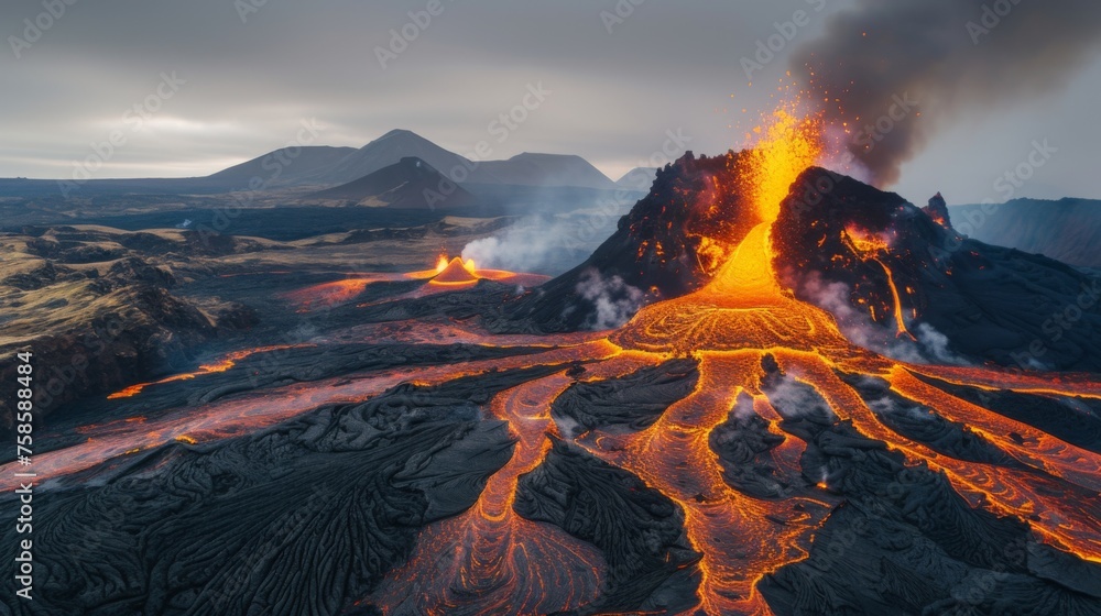The sun sets behind a majestic volcanic eruption, illuminating the flowing lava and ash plume against a dramatic sky, encapsulating the untamed power of nature.