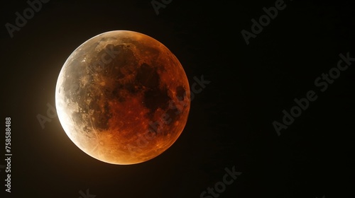 A stunning lunar eclipse graces the dark heavens, cloaking the moon in a deep, blood-red hue, captivating and mystifying. photo