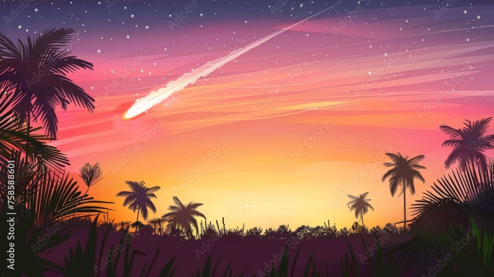A captivating digital illustration showcasing a shooting star plummeting over a tropical landscape at dusk.