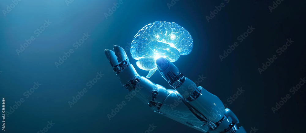 Obraz premium A robotic hand gently cradles a glowing brain with the shimmering neural network. The fusion of human intelligence with artificial intelligence. Generative AI.