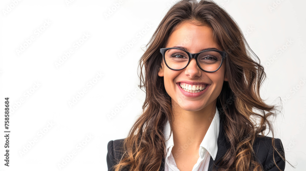 Cheerful young businesswoman with long hair and glasses smiling in formal wear, on a white background