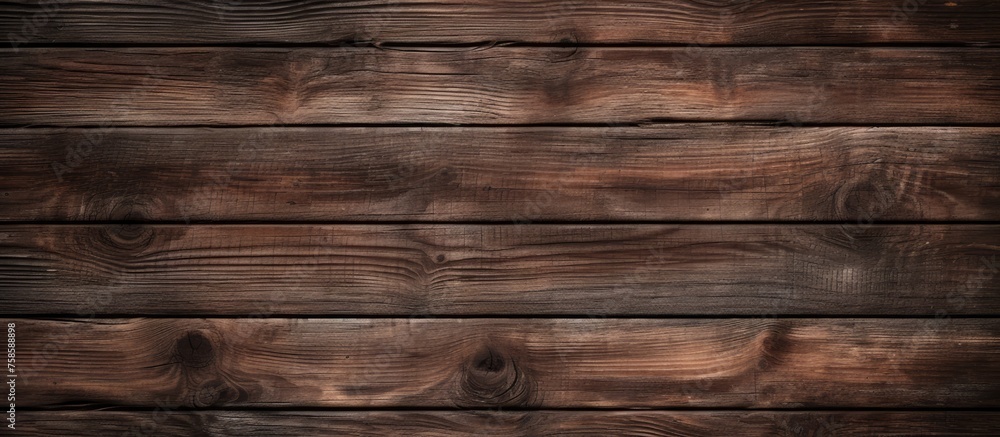 Fototapeta premium A closeup of a brown hardwood table with a wood stain pattern, made of rectangular planks of plywood. The blurred background enhances the focus on the table