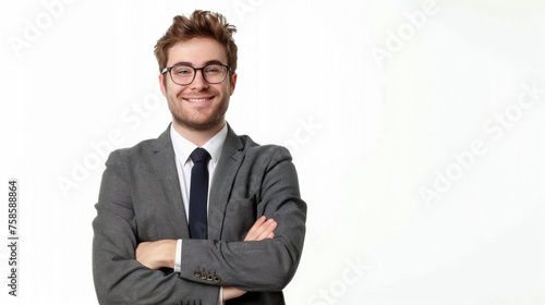 A content young businessman with glasses and a grey suit standing with his arms crossed against a light background photo