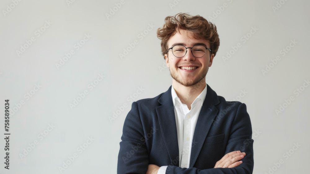 A handsome young man with glasses and a charismatic smile stands with arms crossed against a minimal backdrop - obrazy, fototapety, plakaty 