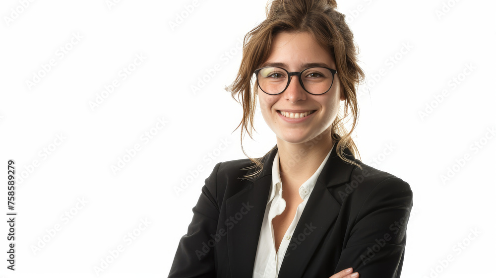 A young woman in business attire with glasses, smiling at the camera against a white backdrop A young woman in business attire with glasses, smiling at the camera against a white backdrop