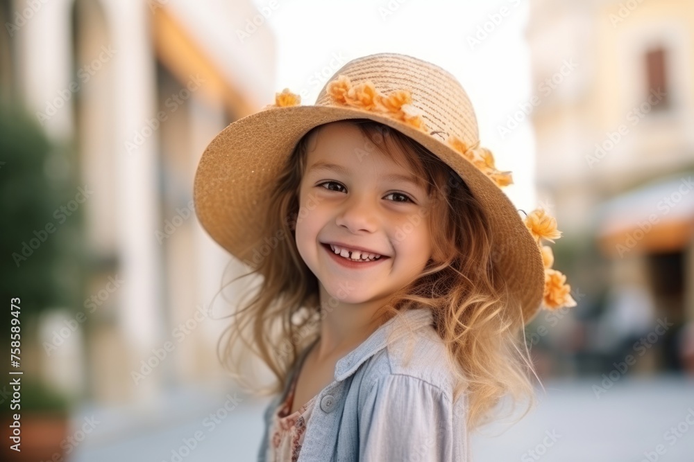 Portrait of a cute little girl in straw hat on the street
