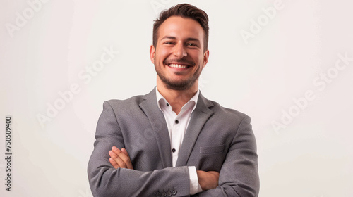 Smiling young man in smart attire with folded arms, standing against a white isolated background