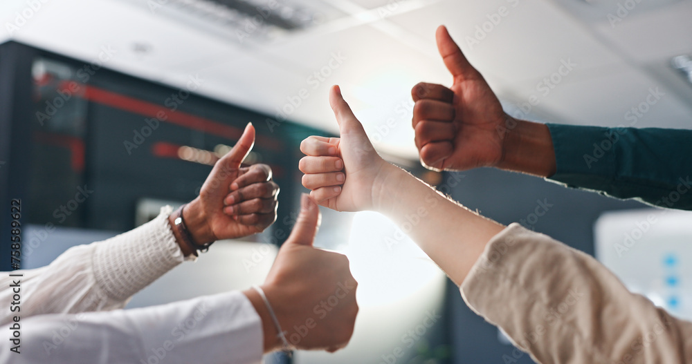 Hands, thumbs up and group of business people for success, agreement or deal achievement at office. Teamwork, yes sign and OK emoji for winning, synergy or solidarity at startup with employee support - obrazy, fototapety, plakaty 