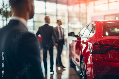 Wallpaper Mural Luxury Red Car Showcased in Dealership with Potential Buyers in Background, Automotive Sales Concept Torontodigital.ca