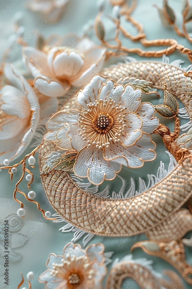 Obraz premium Chinese embroidery, Art of Chinese dragon and peony, Fritillaria,bead piece, gold thread pinch silk, in the style of light pink and gold, light white and dark azure, gossamer fabrics, 