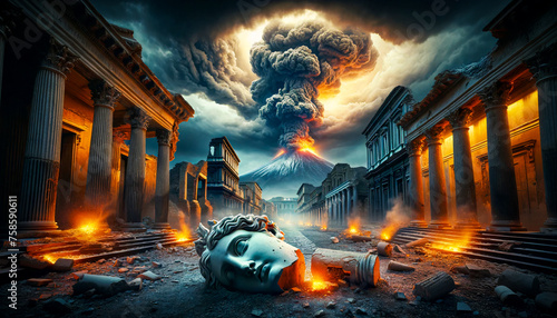 Volcano Erupting Over Roman Greek City Below Fantasy Concept, Explosion of volcano, Pompeii