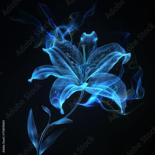 Lily Made of Blue Flames and Fire  Isolated on Black. An Illustration made in part with  Generative AI. 