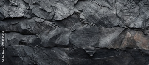 A closeup of a bedrock outcrop covered in grey charcoal, creating a monochrome landscape. The woodlike texture contrasts with the dark soil and rock, resembling a fault line