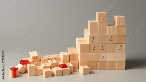 Generate an image featuring a percentage sign on wooden cubes, alongside a stack of coin bar chart and a red graph trending downwards on a white background.