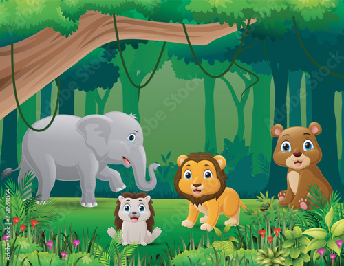 Cute wild animals cartoon in the jungle © dreamblack46