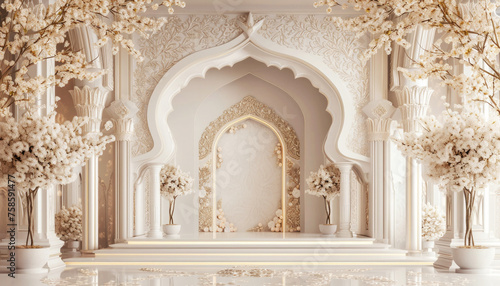 Opulent Islamic arch background for Eid festivities, featuring golden hues and delicate floral motifs, exuding grandeur. 🕌✨🌼