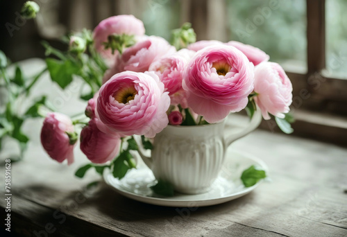Style Vintage Vertical Ranunculus Photo Pink Pitcher Beautiful Ironstone Buttercups Antique Flower Easter Spring Love Birthday Light Floral Beauty Happy Card Color Celebration Cute Plant