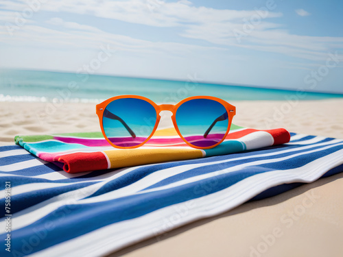 Sunglasses and Striped Blankets on White Sand Beach. Sunglasses and Colorful Blankets on Tropical Beach (ID: 758591821)
