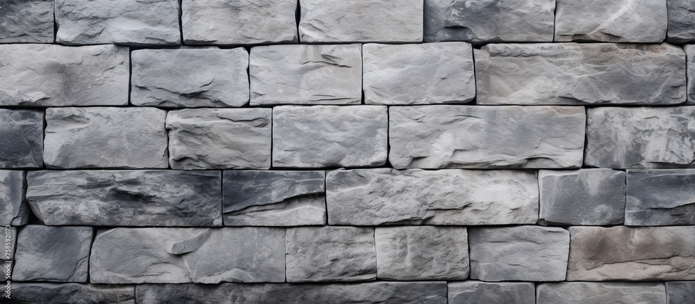 A detailed shot of a rectangular grey brick wall showcasing the intricate brickwork pattern in monochrome photography, creating a parallel design on the stone wall