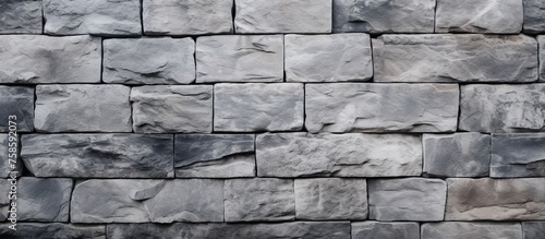 A detailed shot of a rectangular grey brick wall showcasing the intricate brickwork pattern in monochrome photography, creating a parallel design on the stone wall