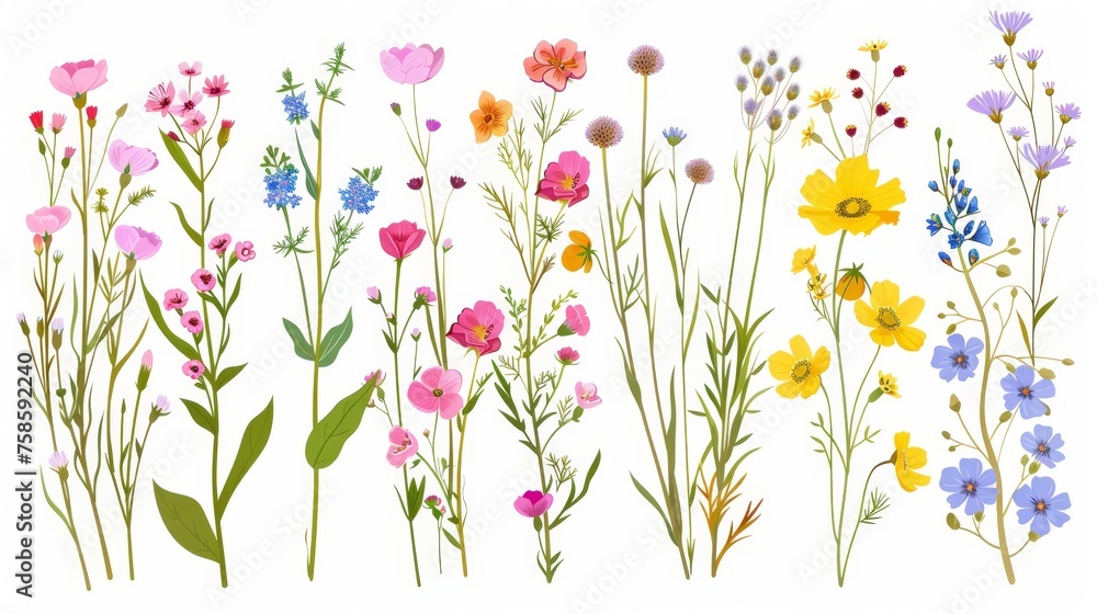 Flowers bunches in spring fields. Summer wildflowers, floral plants, meadow bouquets. Delicate, fragile blooms, stems. Abstract botanical flat modern illustrations isolated on white.