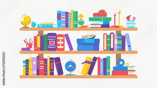 The bookshelf contains books for children. Fiction, encyclopedias, school textbooks for reading and education. Flat graphic modern illustration isolated on white.