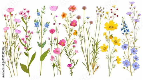 Flowers bunches in spring fields. Summer wildflowers  floral plants  meadow bouquets. Delicate  fragile blooms  stems. Abstract botanical flat modern illustrations isolated on white.