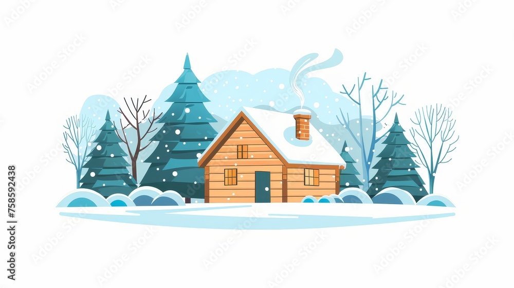 Snowy wooden building with roof and trees in snowy cold weather. Cozy country house, chimney with smoke at winter. Isolated modern illustration on white.