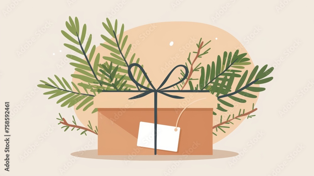 The design is presented in eco-wrapping with string, tag, and needle twig to give a surprise. This is a flat graphic modern illustration that is isolated on white. The design is presented in eco-wrapping with string, tag, and needle twig to give a surprise. This is a flat graphic modern illustration that is isolated on white.