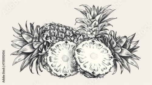 Retro vintage pineapple slice, half circle piece, sketch drawing, etching. Hand-drawn ananas. Modern illustration isolated on white. photo
