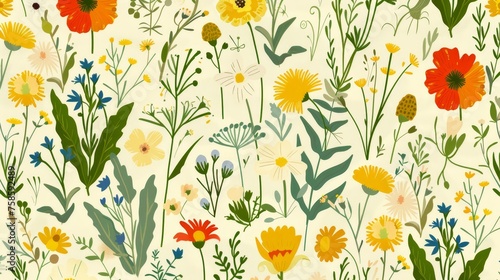 Colored flat modern illustration of spring flowers, herbs, plants, fragile branches, botanical repeating pattern. Suitable for textile, fabric, wallpaper applications.