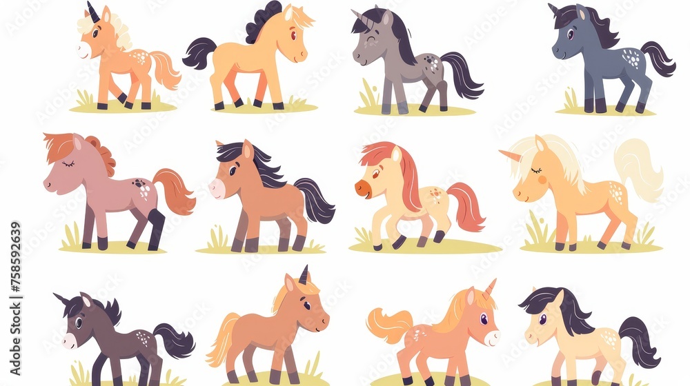 Foals and small miniature horses. Miniature equine babies running, walking, grazing, standing, frolicking in nature. Flat modern illustrations isolated on white.