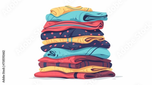 An organized stack of folded clothes. A pile of fresh clean garments in a neat stack. Neat apparel items like t-shirts, textiles, fabric, towels, wipers are arranged neatly on a white background.