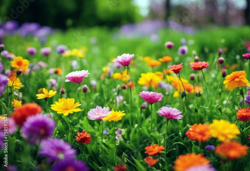 meadow Beautiful flower green flowers park nature background colorful Spring bed Banner Multicolored grass Lawn Garden Easter Floral © wafi